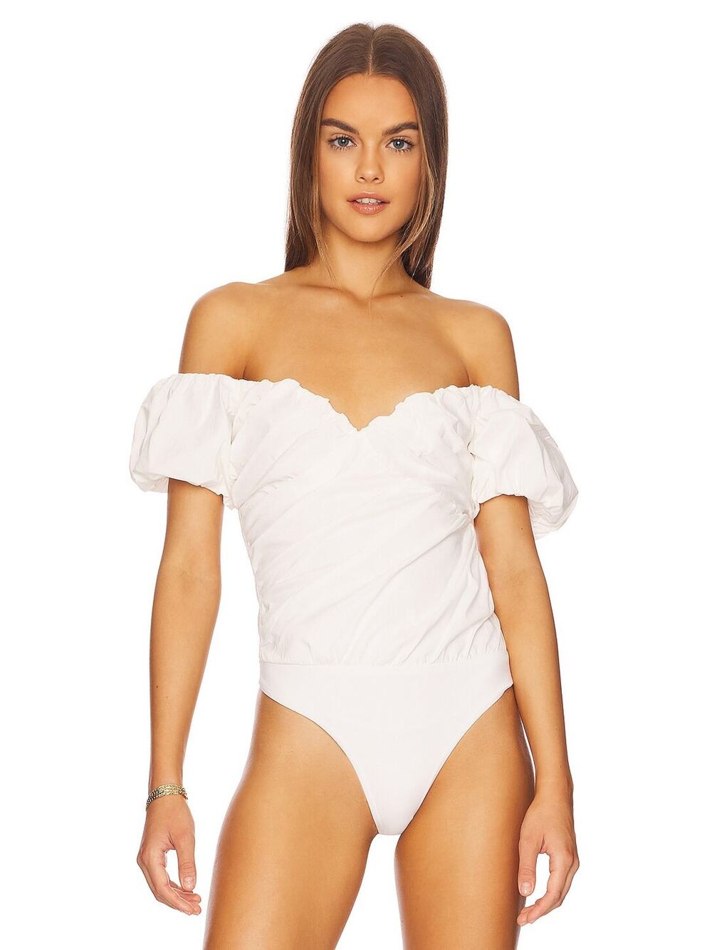 ASTR the Label Rayne White Puff Sleeve Off the Shoulder Ruched Bodysuit S